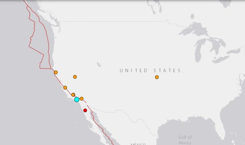 지진 지점(파란색). 미 지질조사국 홈페이지 캡처. 연합뉴스